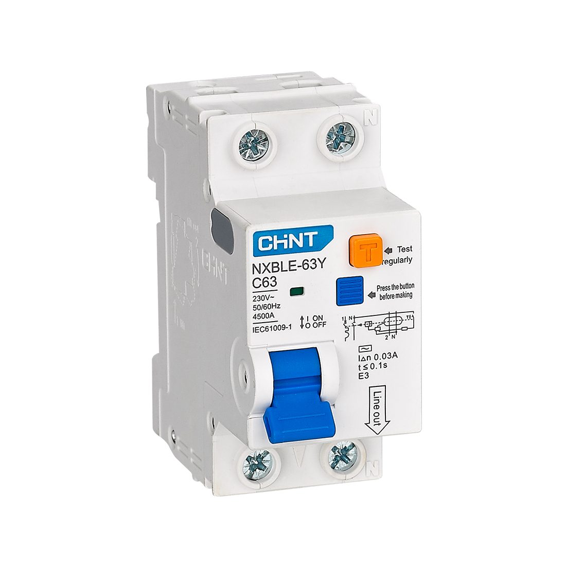Дифференциальный автомат CHINT NXBLE-63Y 1P+N 63А C 30mA AC 4,5kA